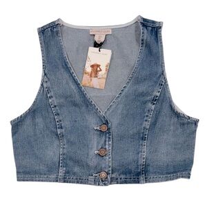 SINCERELY JULES Denim Jean Vest Crop Light Wash Rose Gold Buttons NWT Size Large
